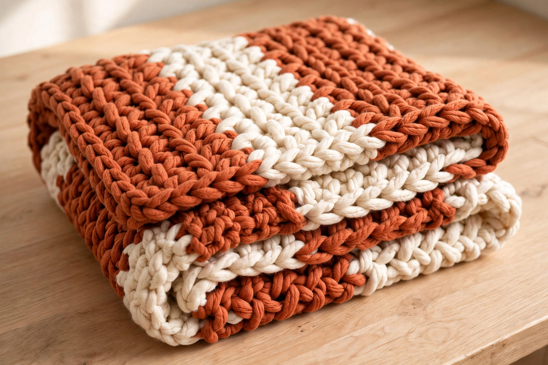 Folded crochet blanket made with double crochet stitches