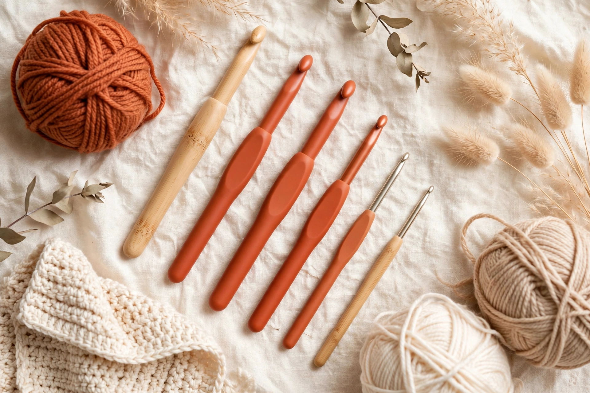 Set of crochet hooks in different sizes on a table