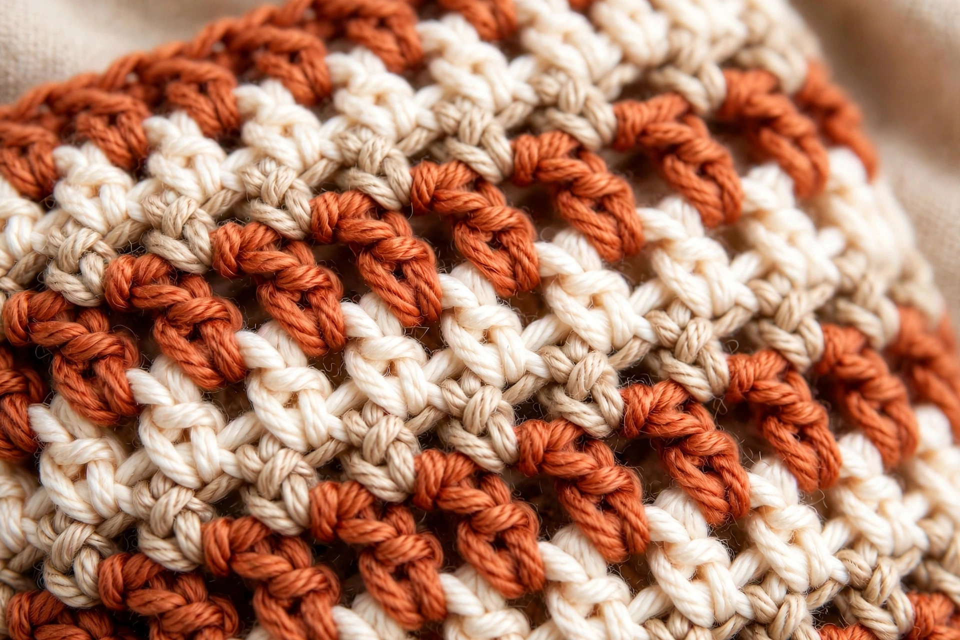 Close-up texture of double crochet fabric showing tall even stitches