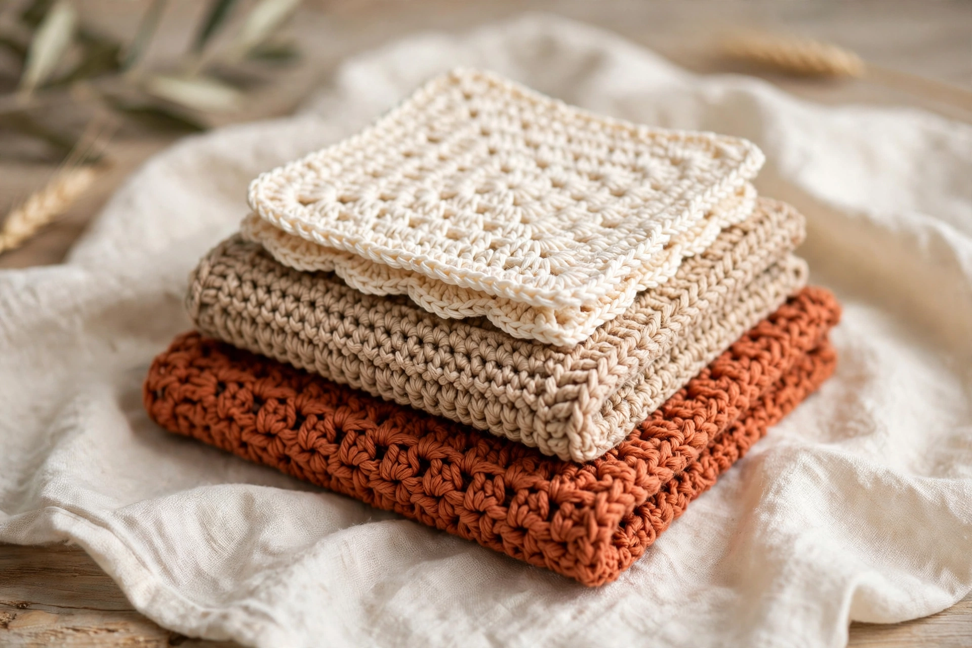 Stack of crocheted dishcloths in neutral colors