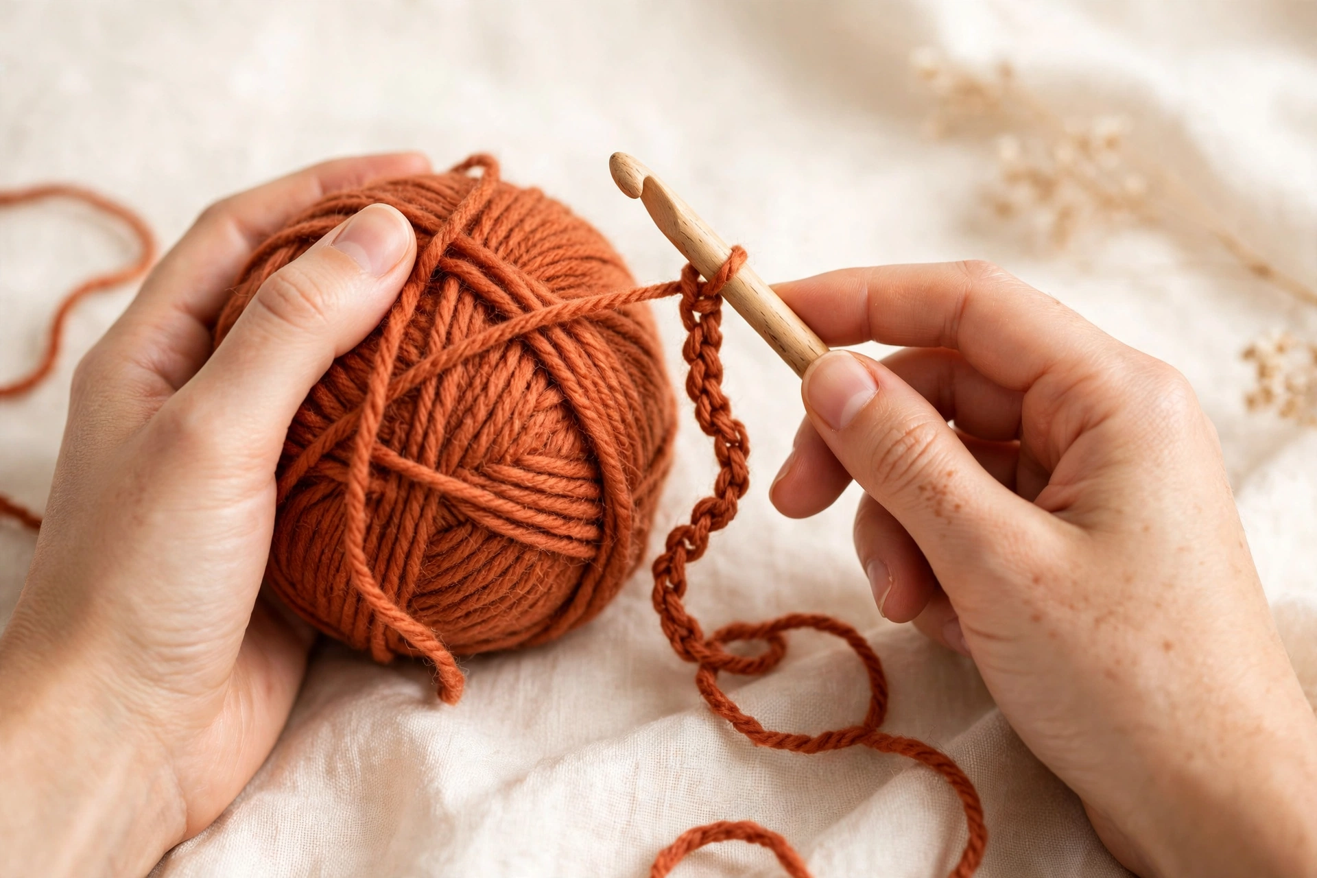 Beginner holding crochet hook and yarn while practicing stitches