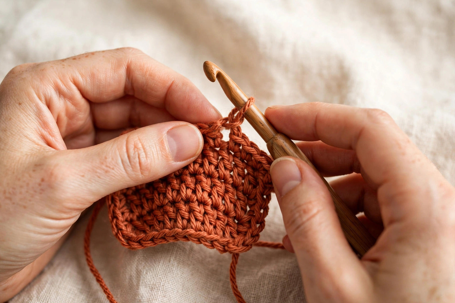 Hands demonstrating how to work a double crochet stitch