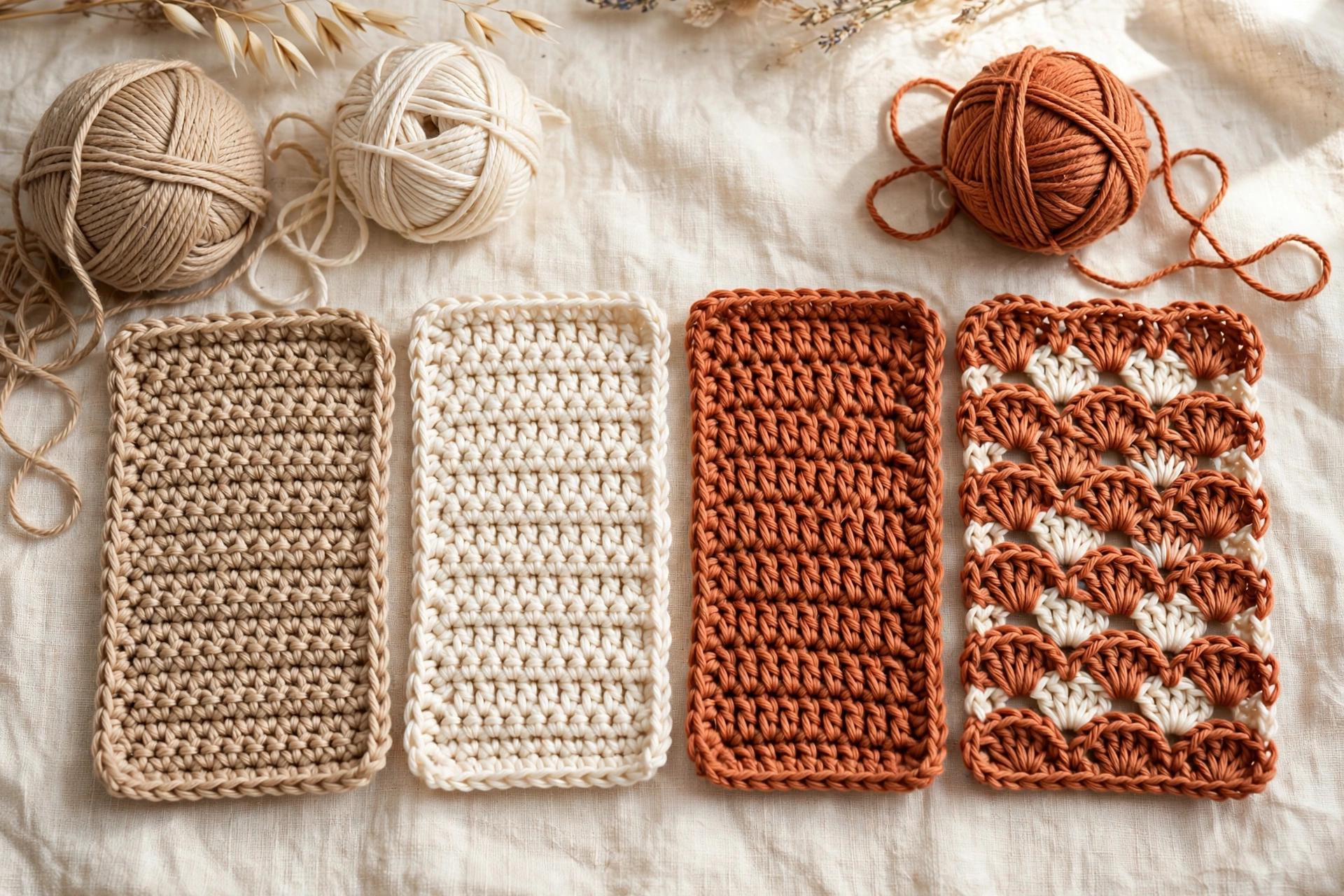 Sampler showing different crochet stitch textures including double crochet variations