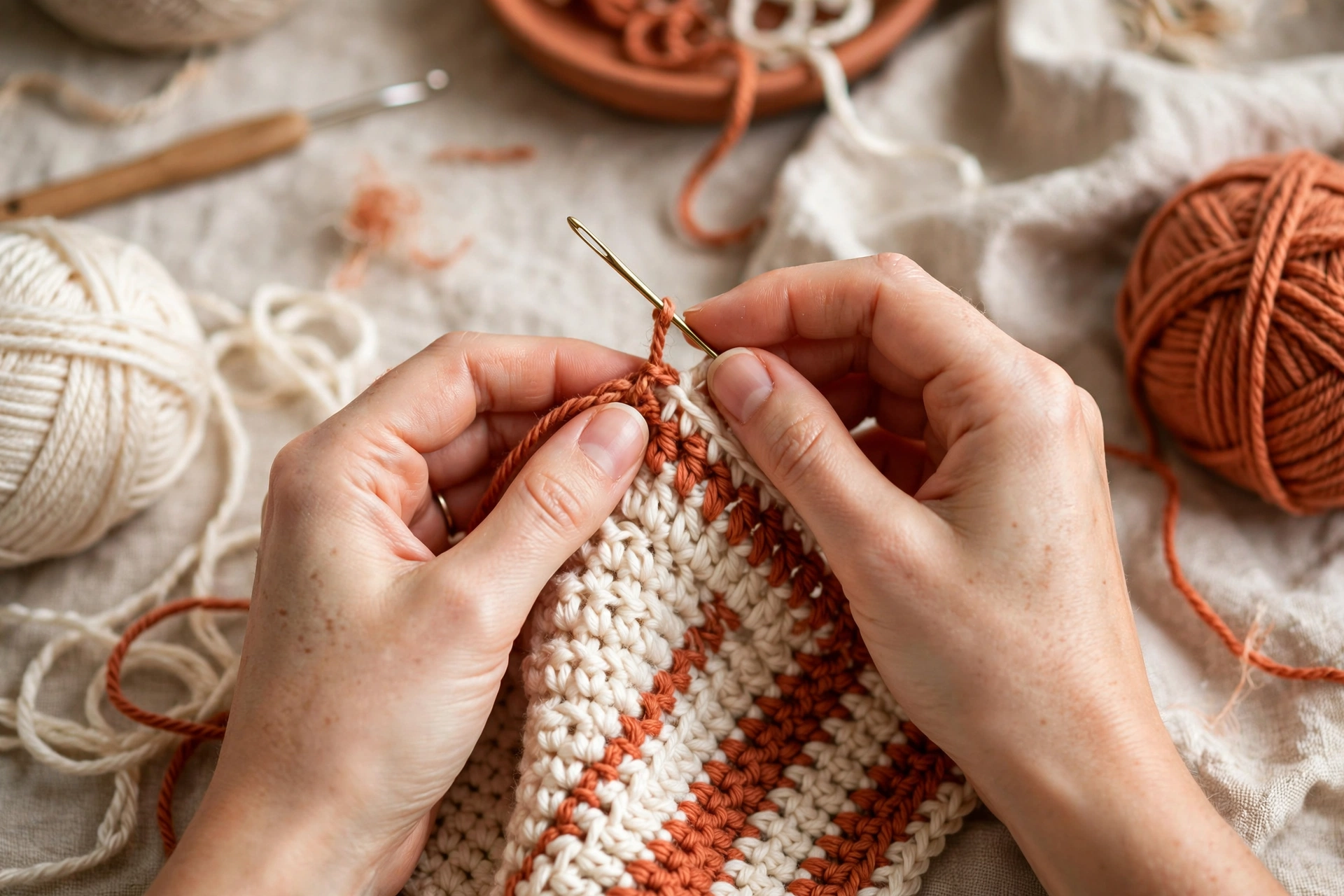 Weaving in yarn ends on a finished crochet swatch with a tapestry needle