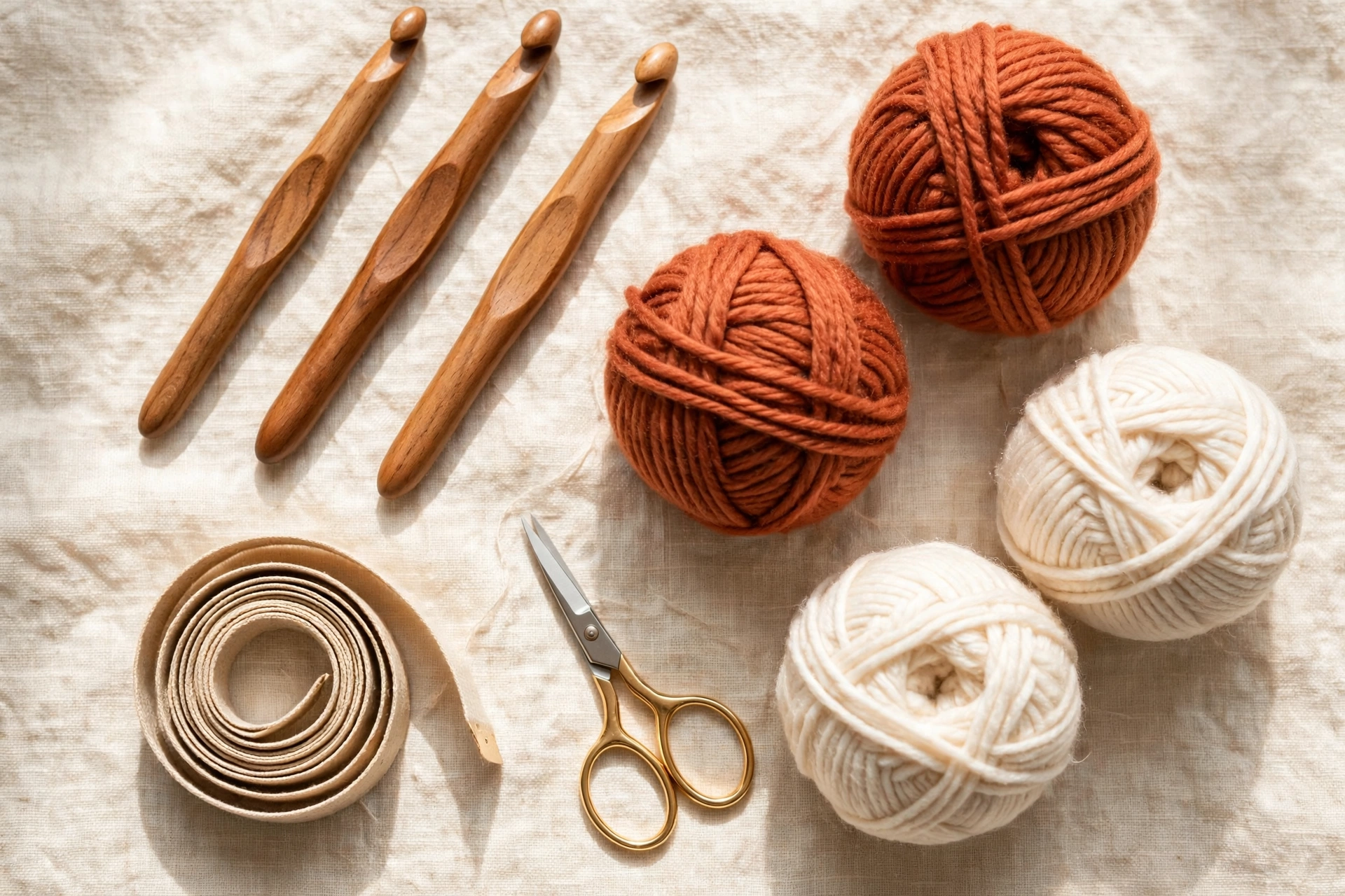 Flat lay of crochet workspace with yarn, hooks, and pattern notes