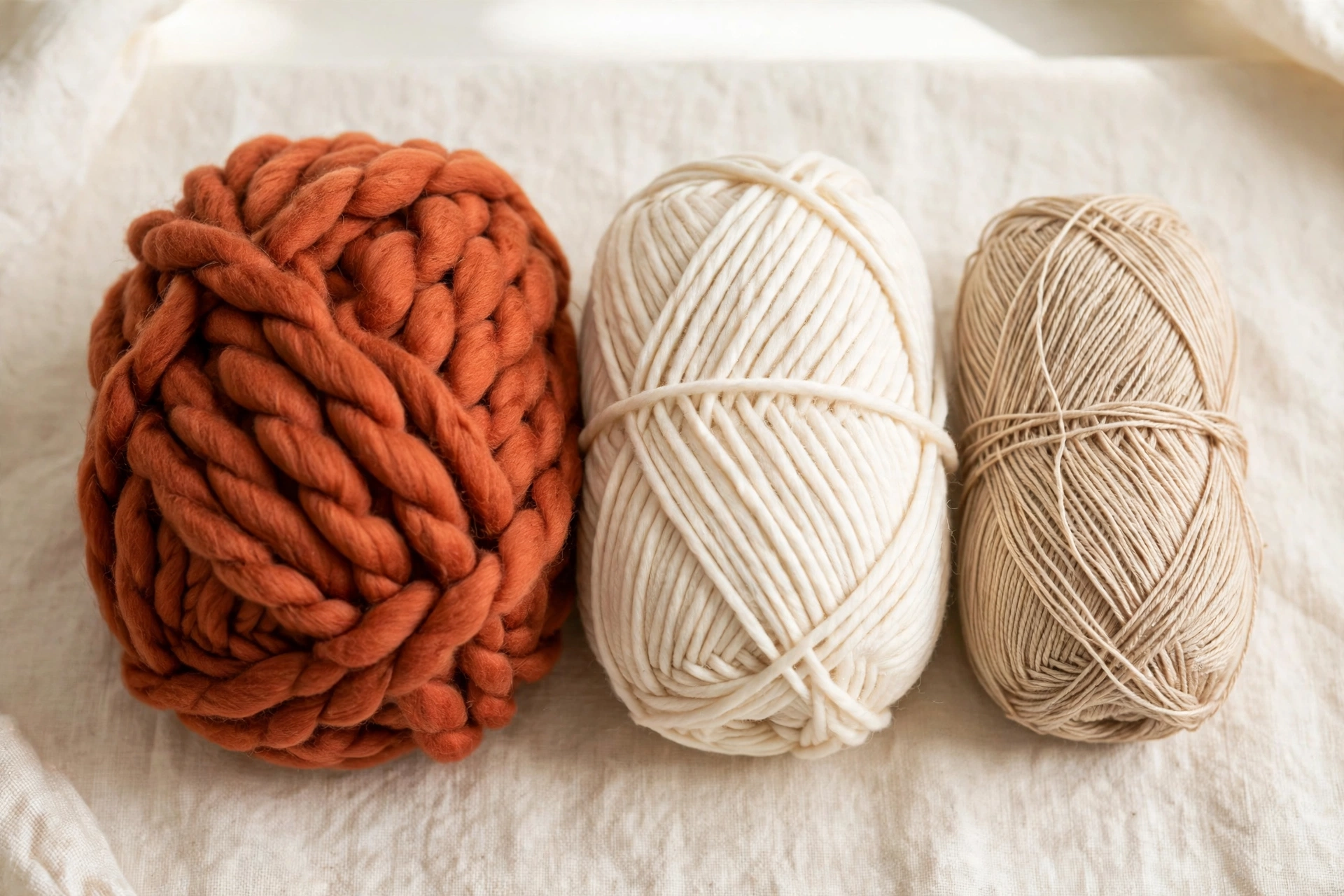 Skeins of yarn in different weights and colors